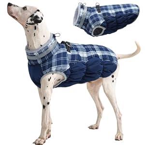 FUAMEY Dog Coat for Large Dogs, Waterproof Dog Winter Jacket with Harness Built in Puppy Cold Weather Coats Reflective Pet Vest with Zipper Warm Fleece Dogs Snowsuit Windproof Blue Plaid XL