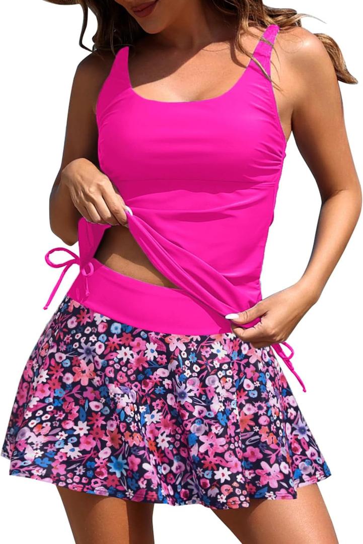 Daci Tankini Bathing Suits with Skirt - Women 2 Piece Swimsuits Tummy Control Swimwear (Large, Hot Pink Floral)
