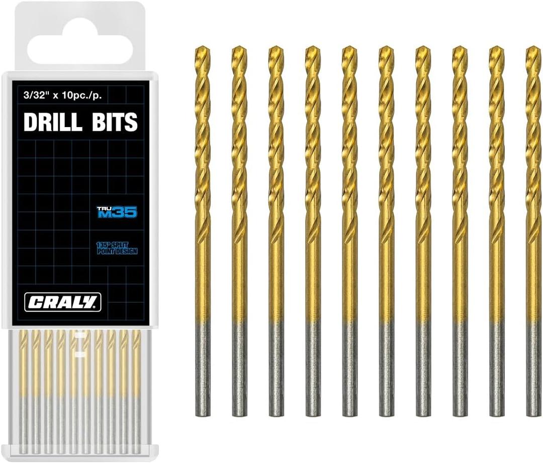 CRALY 3/32 Inch 10-Pc Cobalt Drill Bit Pack, M35 HSS Titanium Coated Jobber Length Twist Drill Bits, 135 Degree Split Point, for Hard Metal, Stainless Steel, Cast Iron, Plastic