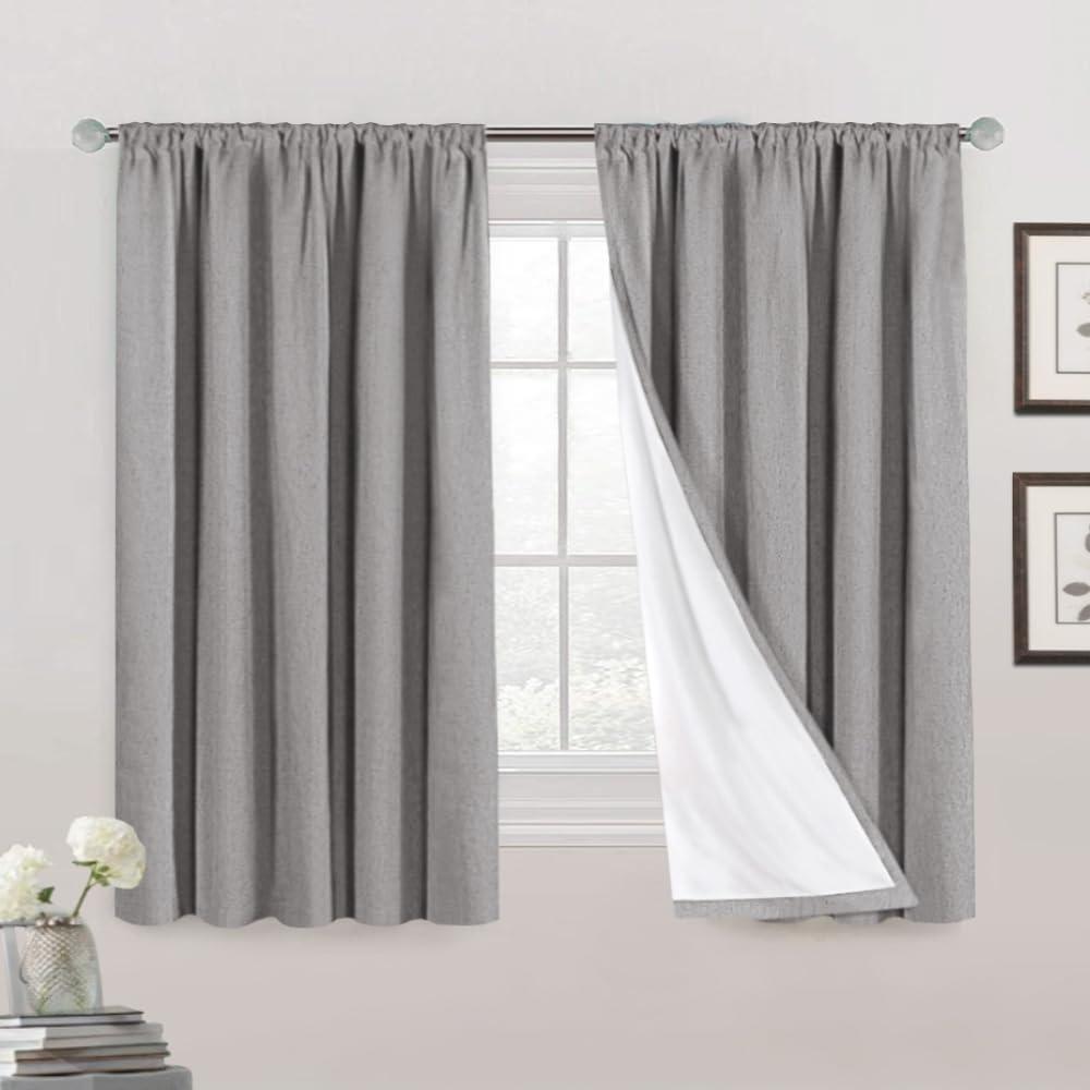 100% Blackout Curtains Primitive Linen Textured Curtain Drapes for Bedroom Full Light Blocking Window Curtains Draperies for Living Burlap Fabric Soft with White Liner (52"W x 63"L, Light Grey)