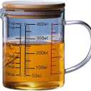 Glass Measuring Cup, 400ML V Shaped Nozzle Clear Scales Comfortable Grip Borosilicate Coffee Cups for Home Kitchen Baking Drinks with Handle Wooden Lid Ml/Oz/Cup Easy to Read