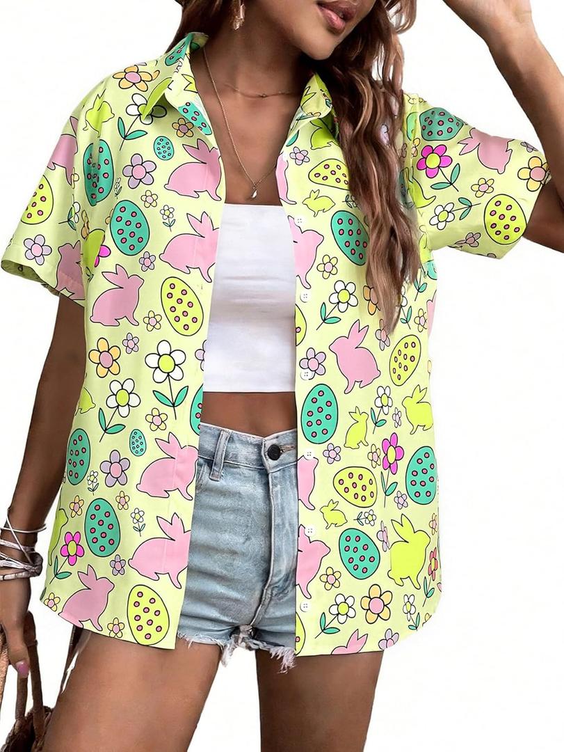 Easter Shirts for Women Happy Easter Hawaiian Shirt Funny Bunny Button Down T-Shirt Rabbit Graphic Tee Tops (Yellow, M)
