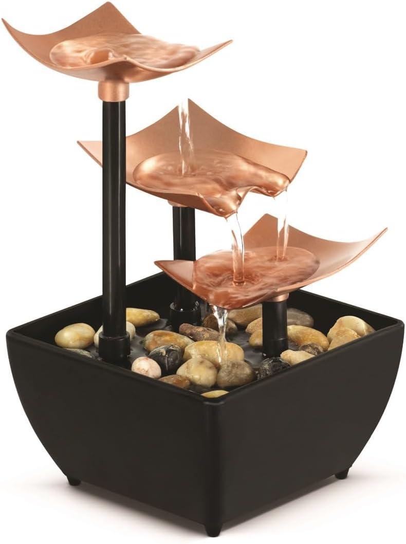 Homedics Tabletop Water Fountain, 3 Tier Indoor Waterfall Fountain with Natural River Rocks, Quiet Pump for Relaxation, Zen Home & Office Desk Dcor, AA Battery Powered (Golden Dew)