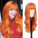 AISI QUEENS Orange Ginger Wig with Bangs Long Wavy Wig for Women Halloween Daphne Cosplay Wig Use Heat Resistant Synthetic (26inch, Orange)