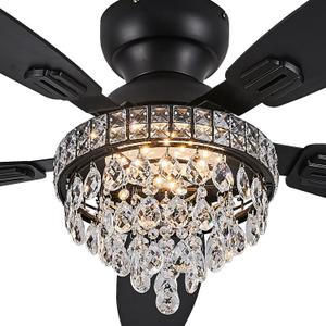 Crystal Ceiling Fan Fandelier with Lights-Ceiling Fans with Lights,50" Low Profile and Remote Control, Flush Mount, Reversible, Dimmable, Noiseless, Black Ceiling Fan for Bedroom