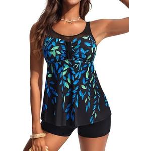 Hanna Nikole Women Two Piece Tankini Swimsuit Modest Bathing Suit Mesh Flowy Swim Top with Tummy Control Boy Shorts