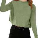 Girls Long Sleeve Crop Tops Kids Fashion Loose Crew Neck Cropped T-Shirts Casual Basic Tees (13-14 Years, Army Green)