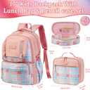 Girls Backpack with Lunch Box, Cute School Backpack for Kids Teen Elementary, Large Capacity Kids Bookbag 3 Pcs Set (Pink Grid)