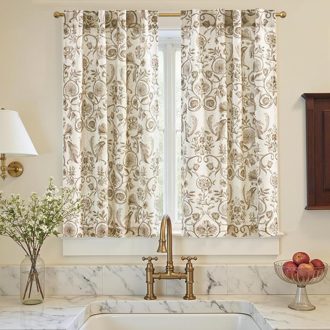 jinchan Small Window Curtains 45 Inch Linen Floral Curtain Set for Kitchen Bathroom Cafe Curtains Light Filtering Window Treatment Farmhouse Cottage core Back Tab Drapes 2 Panels Taupe on Beige