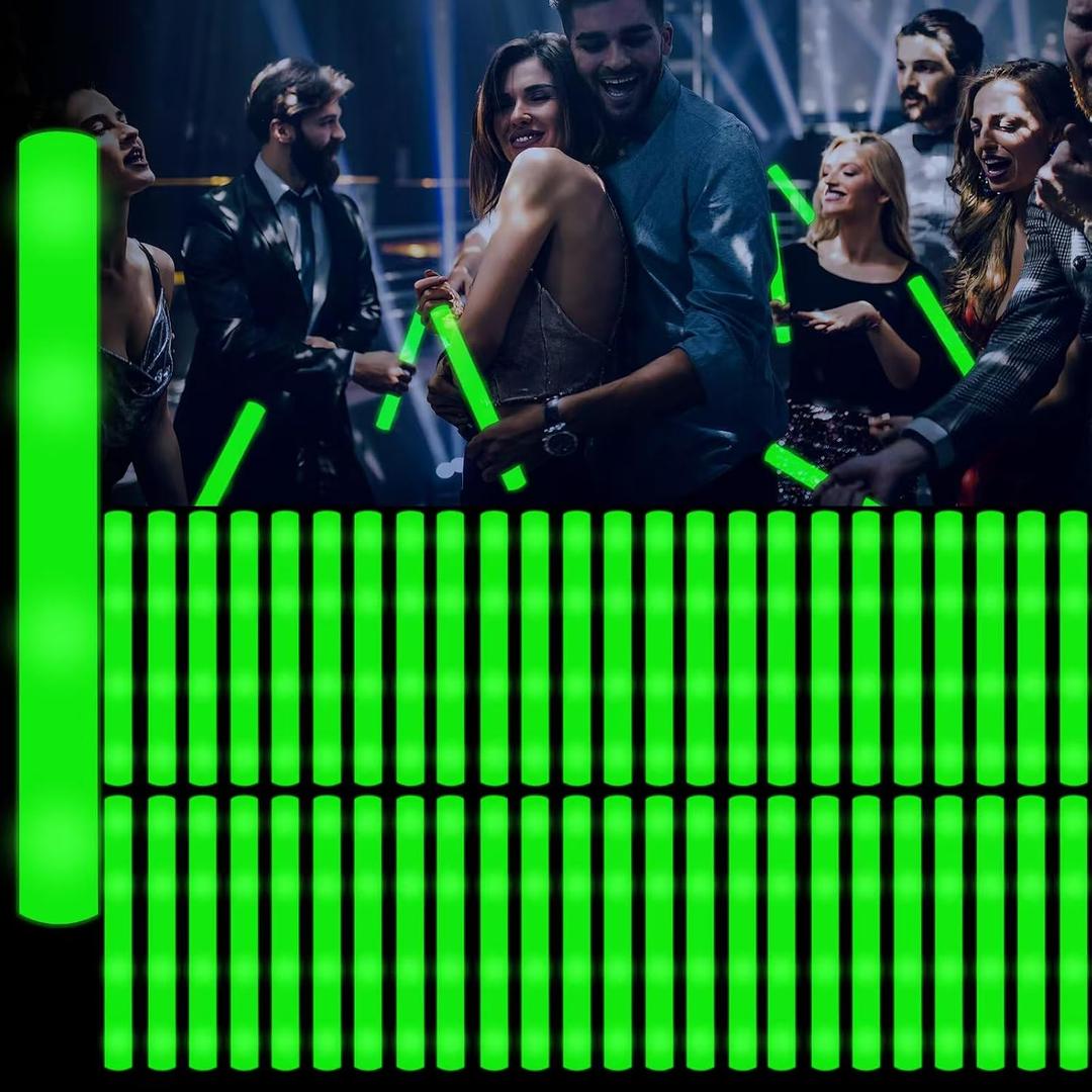 60Pcs LED Glow Foam Sticks Bulk,Light Up Glow Sticks with 3 Flashing Modes,Green Glow Wands Party Pack,Glow In The Dark Party Supplies for Halloween,Christmas,St.Patrick,Easter,Birthday