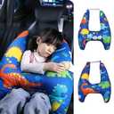 Travel Pillow Car Cushion for Kids 6 Years Old+ Shoulder Neck Back Support & Seat Belt Comfort, Road Trip Cozy Sleeping Gift for Young Travelers, Parents, Families, Baby Shower (Dinosaur Blue)