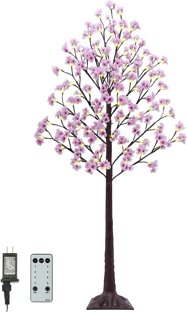 6FT Lighted Cherry Blossom Tree - Faux Artificial Light Up Cherry Blossom Trees with 112 Lights, 336 Lush Flowers, Timer, Remote 8 Modes Pink Tree for Spring Wedding Party Indoor Outdoor Decor