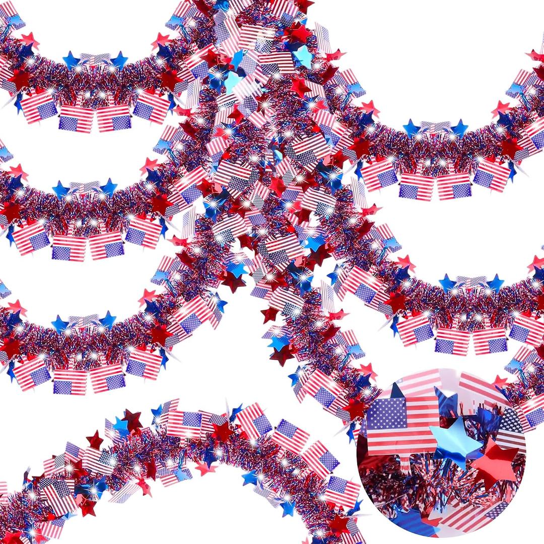 50 Feet Patriotic Tinsel Garland with USA Flags - Red White and Blue Metallic Glitter Streamers for 4th of July Decorations, Independence & Memorial Day Indoor Outdoor Party Decor