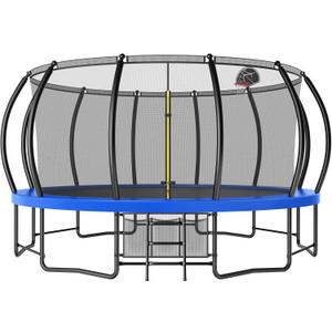 16FT Outdoor Trampolines for Kids and Adults, Pumpkin Trampoline with Curved Poles, Recreational Trampoline with Basketball Hoop and Safety Enclosure Net for Kids and Adults (Crystal Blue)