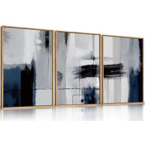 Abstract Blue and Gray Framed Canvas Print Wall Art Set,Modern Neutral Geometric Line Wall Decor,Minimalist Navy Blue Pastel Grunge Brush Strokes Artwork for Living Room,Bedroom-24 x36 x3