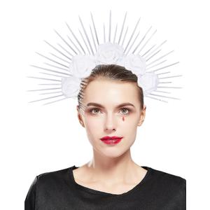 Fantherin Halo Crown with Roses Womens Mexican Flower Goddess Rose Spiked Sun Headpiece for Cosplay Halloween Costume (White)