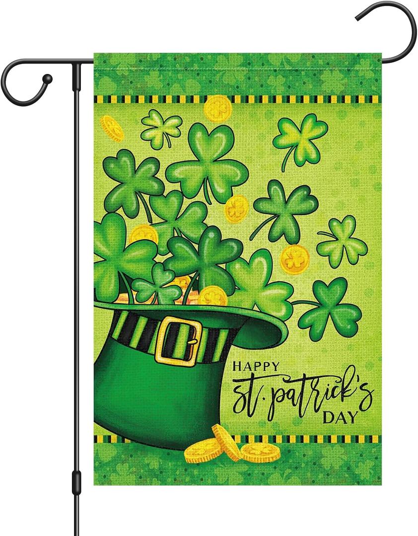 Louise Maelys Happy St Patrick's Day Garden Flag Green Hat with Shamrock Clover 12x18 Inch Double Sided Small Burlap Welcome Spring Holiday Yard Outdoor Flag Outside House Decor (Only Flag)