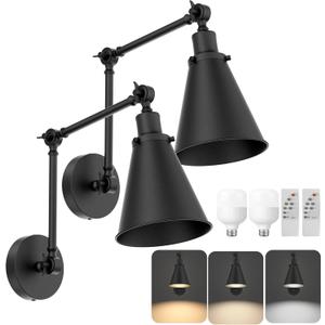 2-Pack Battery Operated Swing Arm Led Wall Sconces with Remote & 5500mAh Rechargeale Light Bulbs, 3-Color Dimmable Indoor Non-Hardwired Metal Wall Light for Bedroom Living Room Kitchen(Black)