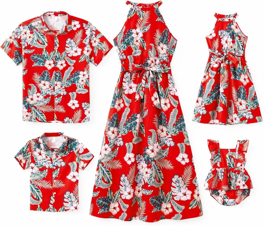 PATPAT Family Hawaiian Matching Outfits Mommy and Me Outfits Caribbean Vacation Summer Tropical Halter Sundresses and Shirts (Red, M)