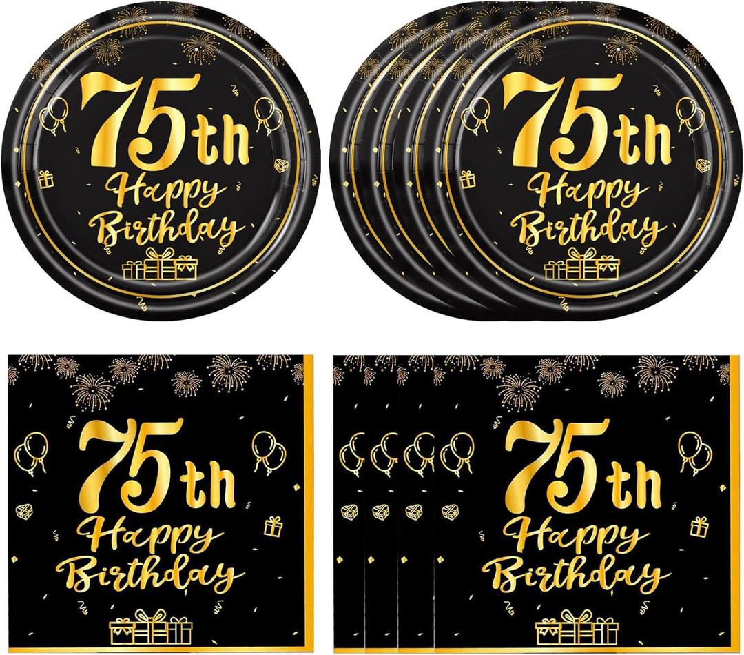 40 PCS 75th Birthday Decorations Kit for Men Women Vintage 75th Birthday Plates and Napkins Black and Gold 75 Years Party Decorations for 1951 Years Old Dessert Plates and Napkins Party Supplies