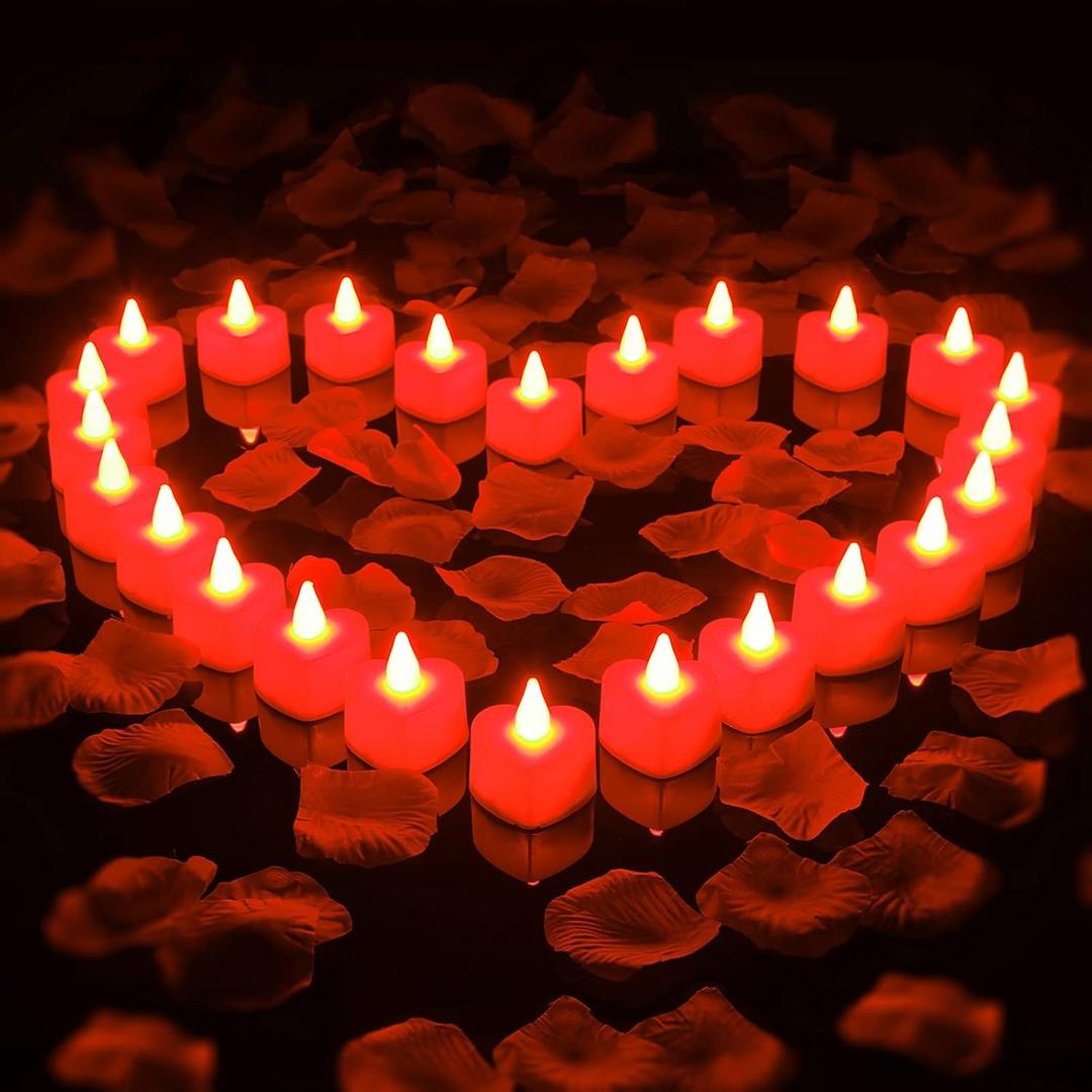 Honoson 1000 Pieces Artificial Rose Petals with 24 Pcs Flameless Heart Shaped LED Tealights Candles Special Romantic Night Decorations for Proposal Wedding Anniversary Table Decor(Red)