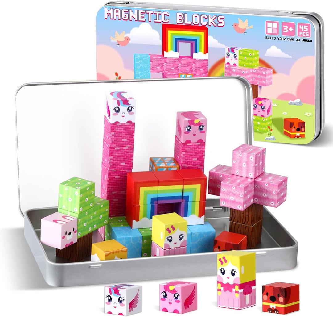 QOUBAI 45PCS Mini Magnetic Blocks Travel Toys, Magnet Building Cubes Tiles Set with Portable Iron Case, Learning Activities Gifts for Kids Toddlers Boys & Girls Ages 3-8 (Unicorn Rainbow)