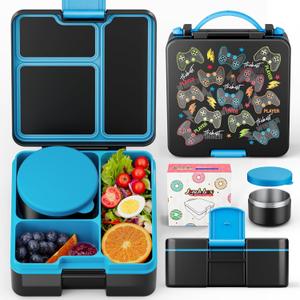 QCQHDU 2000ML Bento Lunch Box with 3 Compartments Container & Leak-Proof 8oz Insulated Food Jar, Suitable for Adults, Kids, and Toddlers (Game console)