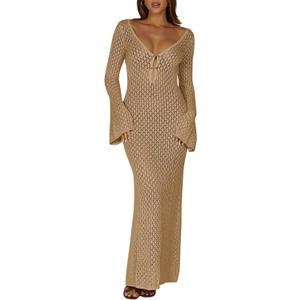 Saodimallsu Womens Crochet Maxi Cover Up Dress Beach Swim Vacation Coverups Long Sleeve Sexy Bodycon Summer Knit Dresses (Medium, Khaki)