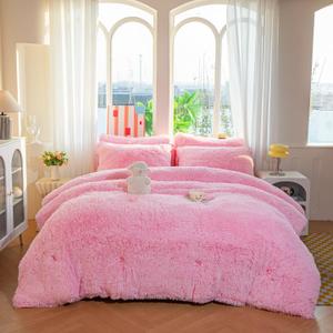 Faux Fur Kids Girls Black Comforter Sets Twin/Full - 3PC Bed Set Warm Comfortable Soft Plush Flannel Velvet Fluffy Fuzzy Bedding, Comforter x 1, Pillowcases x 2, Pink