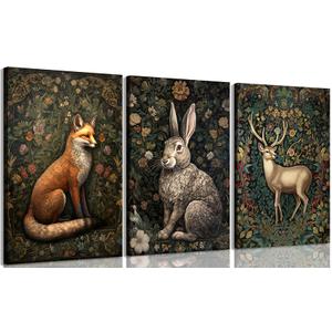 3Pcs Forest Animal Canvas Wall Art Fox Rabbit Deer Painting Pictures Wall Decor Wildlife Animal Posters Prints Dark Gothic Botanical Floral Artwork for Office Bedroom Home Decoration 16x24in