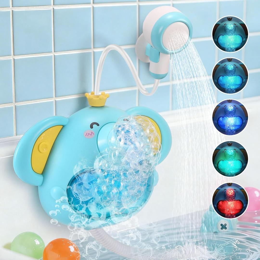 Bath Toys Light Up Elephant Baby Bubble Bath Toys 2 in 1Bath Bubble Machine with Baby Bath Shower Head for Kids Ages 1-3 4-8 Bath Bubble Maker with Colourful Light (Blue)