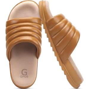 GPOS Womens Slides with Memory Foam Soft Cushioned Cozy House Slippers for Woman Comfy Open Toe Ladies Sandals Leather Slip on Bedroom Shoes Plantar Fasciitis Indoor Outdoor (8, Allkhaki)