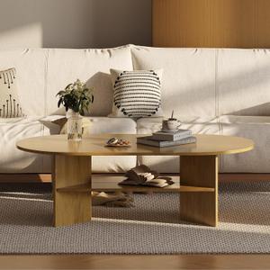 Oval Coffee Table, 2 Tier Wood Modern Center Coffee Tables for Living Room, 47" x 23.6" x 15.7"