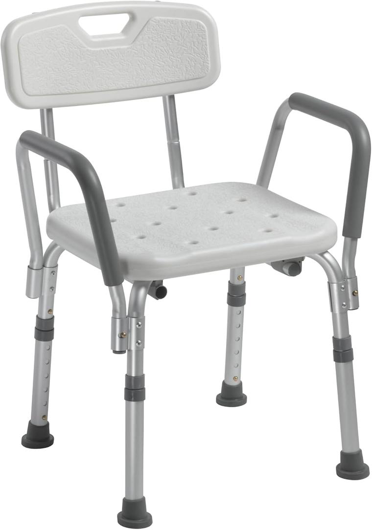Drive Medical Shower Chair with Back & Padded Arms - Adjustable Height Bath Seat for Safety & Comfort - Lightweight Aluminum Construction- 350 Lb Capacity - White