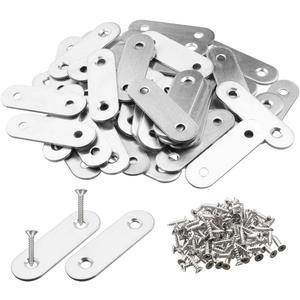 Pack of 50 Flat Corner Brace Plates Metal Joining Plates Connector Repair Bracket with Fixing Screws,,1.57inchx0.6x0.08 inch-2 Holes,Stainless Steel, Silver Color