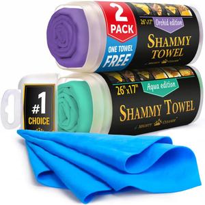 Premium 2pk +1 Free Shammy Cloth for Car Drying - 26"x17" - Super Absorbent Chamois Towel - Scratch-Free, Reusable & Soft Wash Cloth - Car Drying Towels (Purple, Blue, Mint)