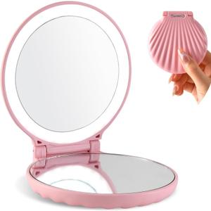 Compact Makeup Mirror with Lights - 3.5" Portable, 2-Sided, Lightweight & Shatterproof, Folding Magnifying Mirror 2X/10X, for Women (Pink)