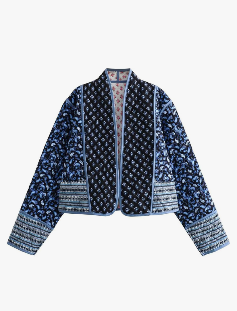 Wyeysyt Women's Cropped Puffer Quilted Jacket Cardigan Floral Printed Lightweight Long Sleeve Open Front Short Padded Coats M