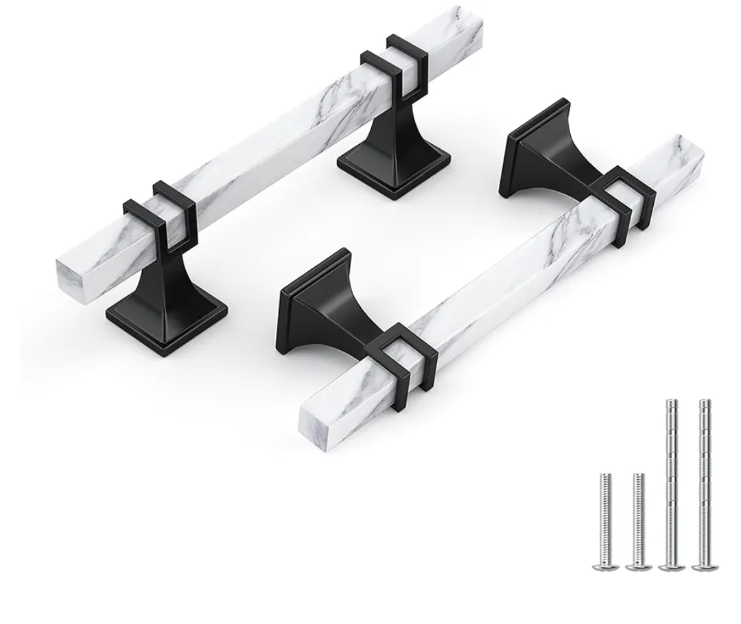 Haliwu 10 Pack White Marble Grain Cabinet Pulls, 3-3/4 inch Black Kitchen Handles, 2 Tone Solid Square Dresser and Drawer Hardware