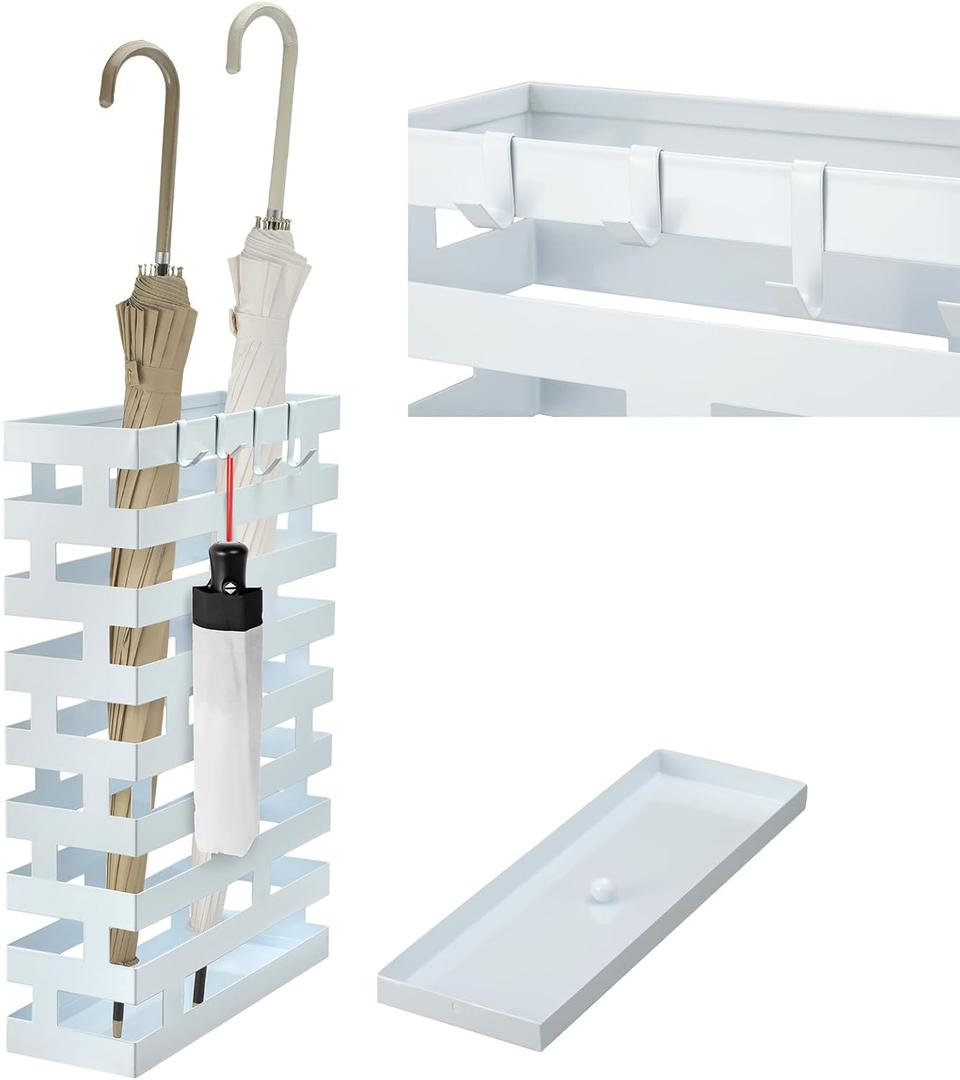 Umbrella Stands for Entryway Large Metal Umbrella Holder with Removable Water Tray and Hooks Decor Freestanding Rectangular Umbrella Hollow Rack for Home Office (White, 3.94 x 11.81 x 16.93 Inch)