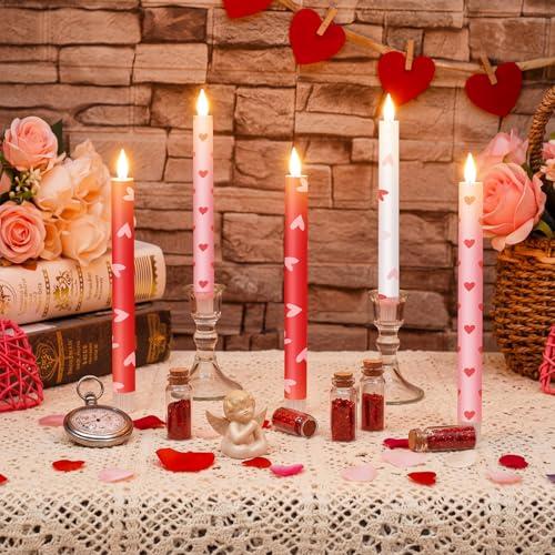Lyrow 6 Pcs Valentine'day Flameless Taper Candles with Red Heart 11 Inch Real Wax LED Candles Flickering Battery Operated Candlesticks for Valentines Gifts Proposal Wedding Anniversary Romantic Night