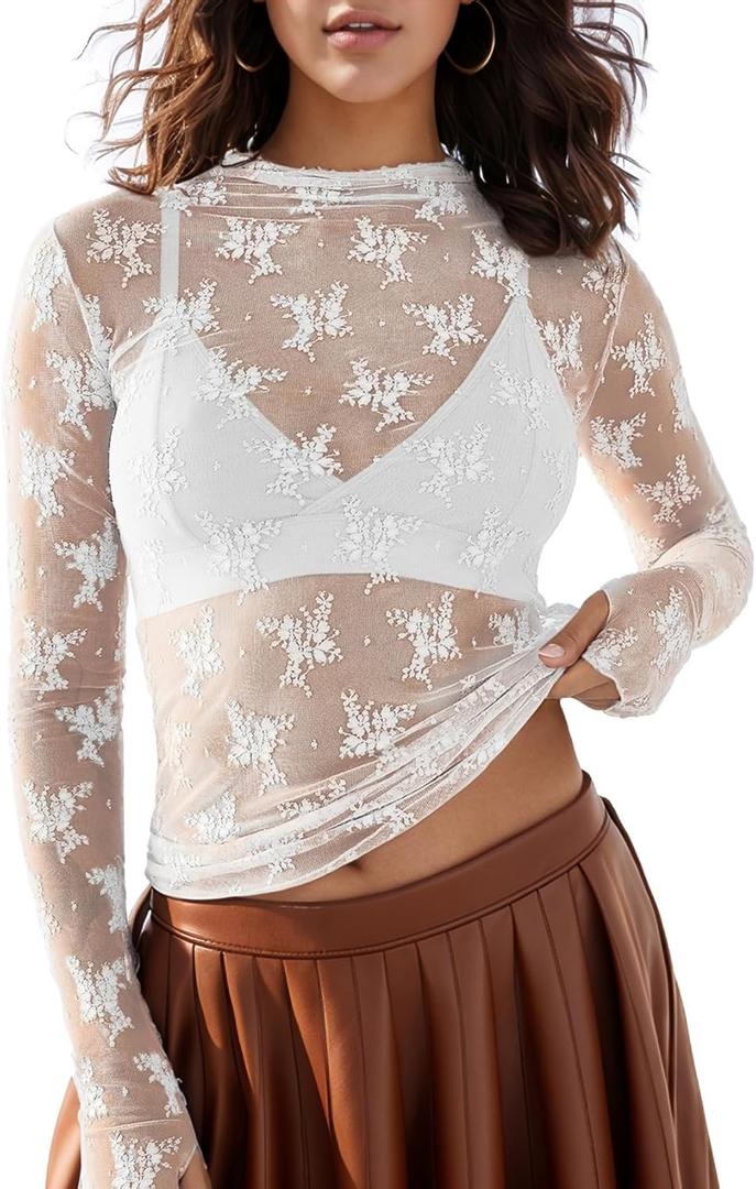 Wyeysyt Lace Tops for Women, Mesh Top Long Sleeve Floral Lace Blouse, Sheer Mesh Mock Neck Layering Top (X-Large, White)