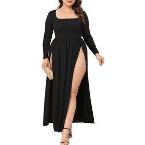 SILUI Women's Square Neck Double High Slit Long Sleeve Sexy Plus Size Sundresses Thigh Split Club Party Maxi Dresses (Black, L)