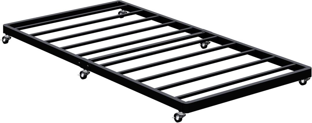 Lutown-Teen Twin Trundle Bed Frame with Metal Slats, Roll-Out Design, Easy Assembly Steel Frame with Lockable Wheels, Noiseless Pull Out Bed for Bedroom, Living Room or Guest Room, Black