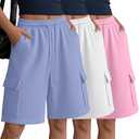 JoyMotion 3 Pack Women Bermuda Shorts 9'' Cargo Oversized Long Jersey Drawstring Knee Loose Baggy Workout Sweat Shorts Pocket(Pink, White, Blue,Medium)