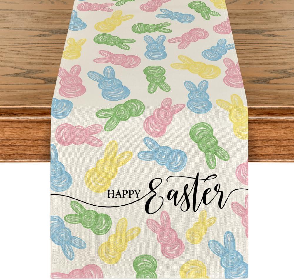 Artoid Mode Colorful Bunny 210 GSM Happy Easter Table Runner, Seasonal Spring Kitchen Dining Table Decoration for Home Party Decor 13x72 Inch (Beige)