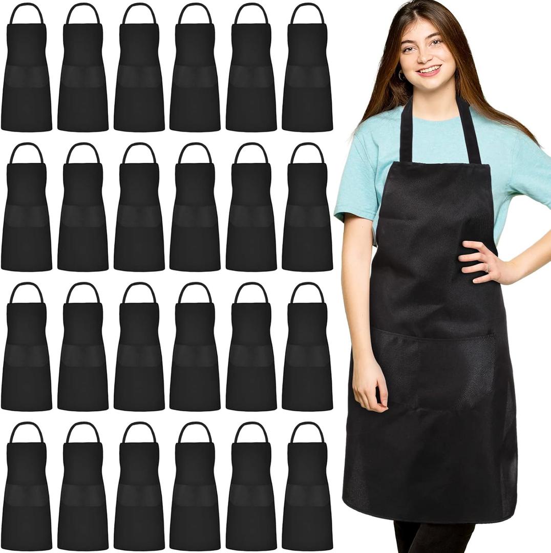 Tarpop 24 Pack Bib Aprons Unisex Commercial Apron Resistant Apron Kitchen BBQ Crafting Aprons for Women Men Chef (Black)