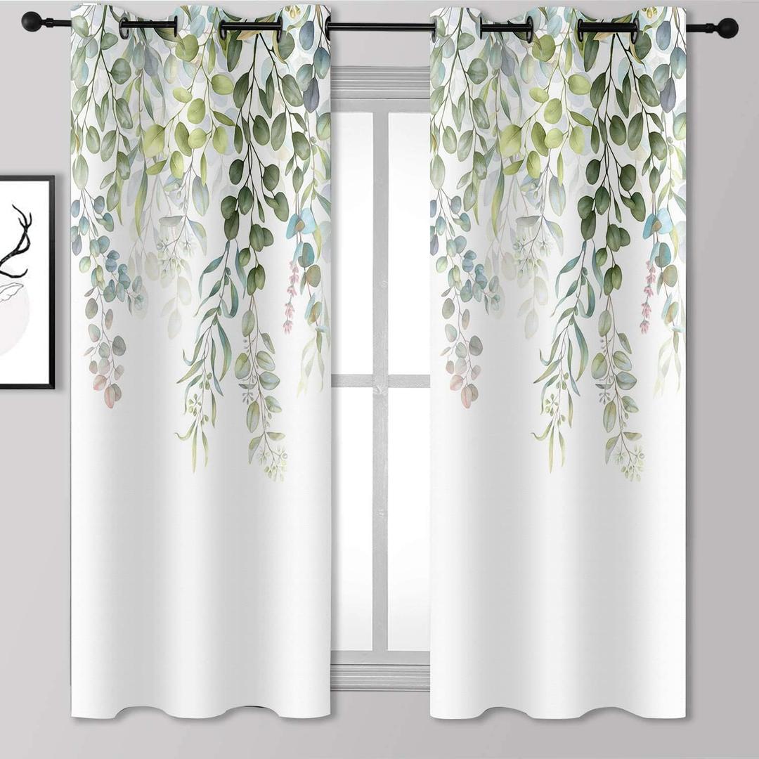 BSPPTI Eucalyptus Curtains, Weeping Green Succulent Plant Flower Room Darkening Thermal Insulated Polyester Fabric, Grommets Window Drapes for Living, Dining, 42"x 63", 2 Panels CLLSSP1550