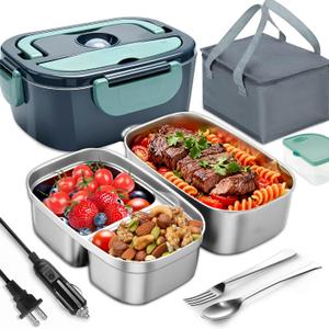 Aotto Electric Lunch Box 3L, 80W Fast Heating (12V/24V/110V) Heated Portable Food Warmer for Car/Truck/Office  Stainless Steel Container, Insulated Carry Bag  Ideal for Adults, Men, Women, Green