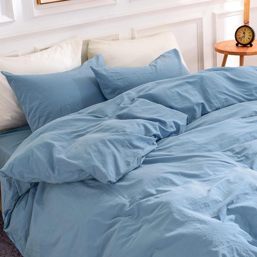 NEXHOME PRO Duvet Cover Set Queen Size Linen Look Textured Organic Natural 100% Washed Cotton Duvet Cover Blue 3 Pieces Bedding Set with Zipper Closure and Corner Ties, Breathable (No Comforter) (Queen (90"x90"), Blue)